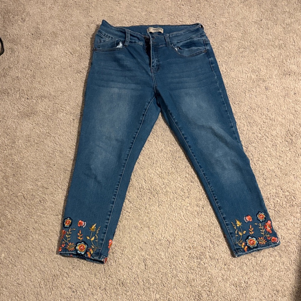 Blue Embroidered Ankle Jeans with Floral Detail